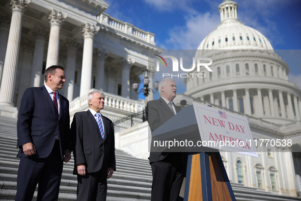 House Majority Whip Tom Emmer (R-MN), flanked by Chair of the National Republican Congressional Committee Rep. Richard Hudson (R-NC), Leader...