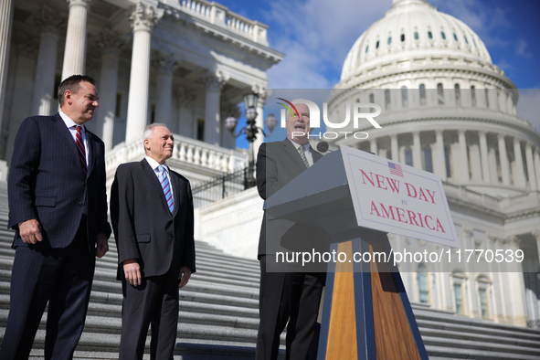 House Majority Whip Tom Emmer (R-MN), flanked by Chair of the National Republican Congressional Committee Rep. Richard Hudson (R-NC), Leader...