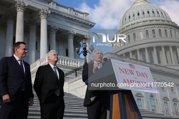 House Majority Leader Steve Scalise (R-LA), flanked by Chair of the National Republican Congressional Committee Rep. Richard Hudson (R-NC),...