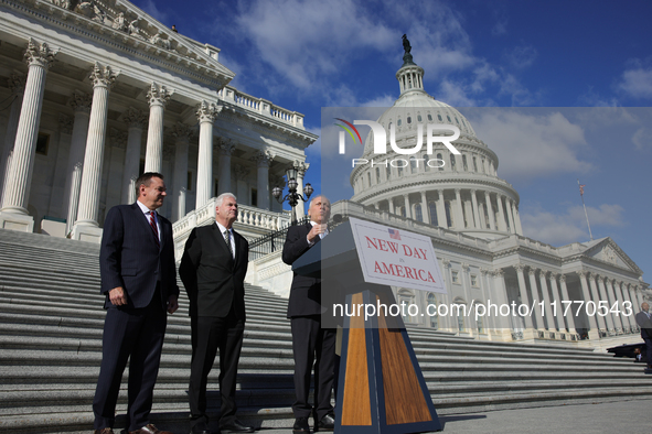 House Majority Leader Steve Scalise (R-LA), flanked by Chair of the National Republican Congressional Committee Rep. Richard Hudson (R-NC),...