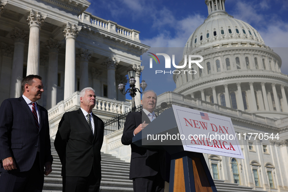 House Majority Leader Steve Scalise (R-LA), flanked by Chair of the National Republican Congressional Committee Rep. Richard Hudson (R-NC),...