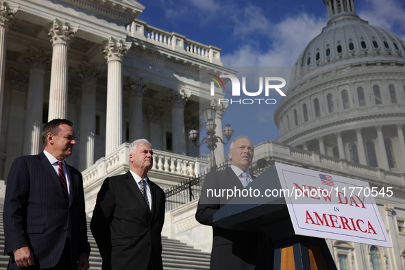 House Majority Leader Steve Scalise (R-LA), flanked by Chair of the National Republican Congressional Committee Rep. Richard Hudson (R-NC),...