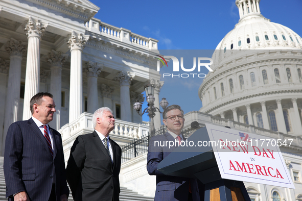 House Speaker Mike Johnson (R-LA), flanked by Chair of the National Republican Congressional Committee Rep. Richard Hudson (R-NC), Majority...