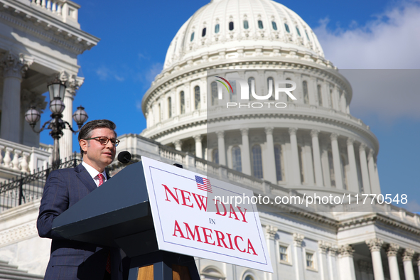 House Speaker Mike Johnson (R-LA) speaks at a GOP press conference on the steps of the U.S. Capitol in Washington, D.C. on November 12, 2024...