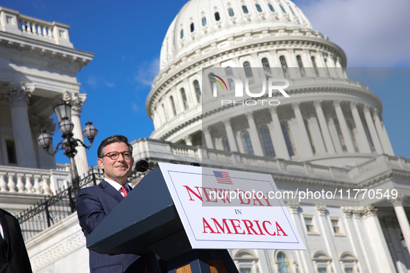 House Speaker Mike Johnson (R-LA) speaks at a GOP press conference on the steps of the U.S. Capitol in Washington, D.C. on November 12, 2024...