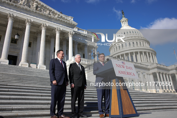 House Speaker Mike Johnson (R-LA), flanked by Chair of the National Republican Congressional Committee Rep. Richard Hudson (R-NC), Majority...