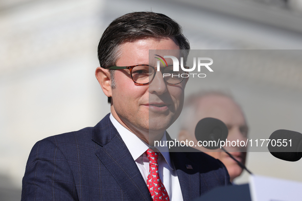 House Speaker Mike Johnson (R-LA) speaks at a GOP press conference on the steps of the U.S. Capitol in Washington, D.C. on November 12, 2024...