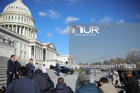 House Speaker Mike Johnson (R-LA), flanked by Chair of the National Republican Congressional Committee Rep. Richard Hudson (R-NC), Majority...