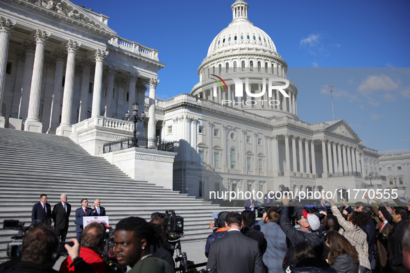 House Speaker Mike Johnson (R-LA), flanked by Chair of the National Republican Congressional Committee Rep. Richard Hudson (R-NC), Majority...