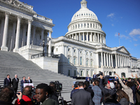 House Speaker Mike Johnson (R-LA), flanked by Chair of the National Republican Congressional Committee Rep. Richard Hudson (R-NC), Majority...