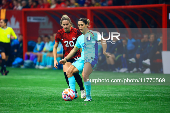 K. Gorry #19 is closely marked by C. Lacasse #20 during the International Friendly Match between Canada and Australia at BC Place in Vancouv...