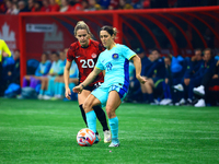 K. Gorry #19 is closely marked by C. Lacasse #20 during the International Friendly Match between Canada and Australia at BC Place in Vancouv...