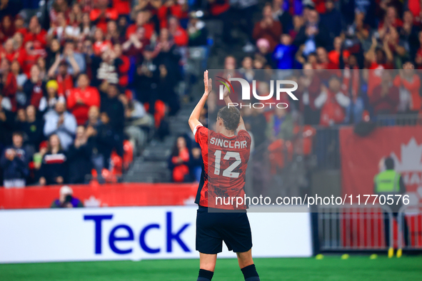 In Vancouver, Canada, on December 5, 2023, C. Sinclair #12 receives applause as she retires from international duty during the International...