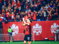 In Vancouver, Canada, on December 5, 2023, C. Sinclair #12 receives applause as she retires from international duty during the International...