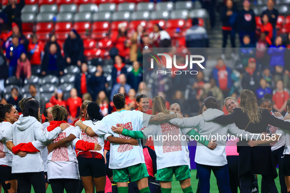 Team Canada's players celebrate the retirements of S. Schmidt and C. Sinclair during the International Friendly Match between Canada and Aus...