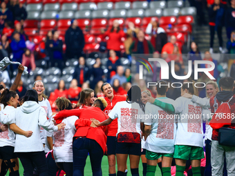 Team Canada's players celebrate the retirements of S. Schmidt and C. Sinclair during the International Friendly Match between Canada and Aus...