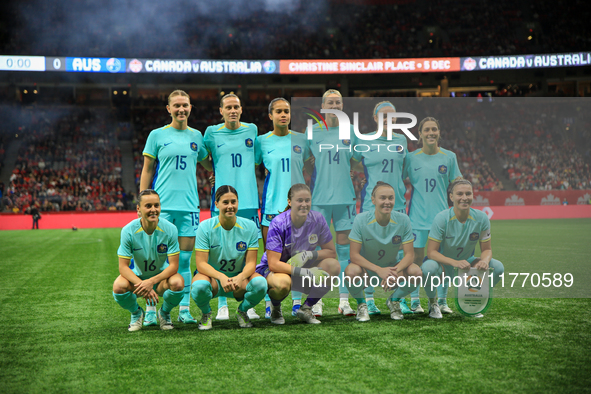 Team Australia's players line up during the International Friendly Match between Canada and Australia in Vancouver, Canada, on December 5, 2...