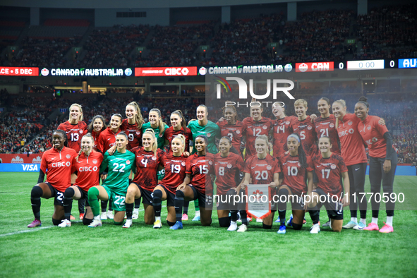 Team Canada's players line up during the International Friendly Match between Canada and Australia at BC Place in Vancouver, Canada, on Dece...