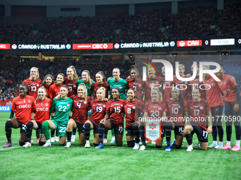 Team Canada's players line up during the International Friendly Match between Canada and Australia at BC Place in Vancouver, Canada, on Dece...