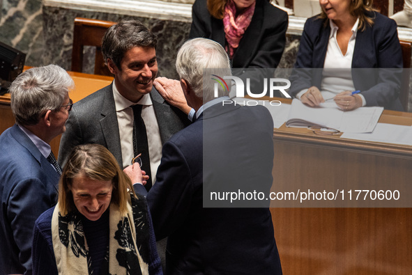 Prime Minister Michel Barnier and former Prime Minister Gabriel Attal are at the National Assembly in Paris, France, on November 12, 2024. 