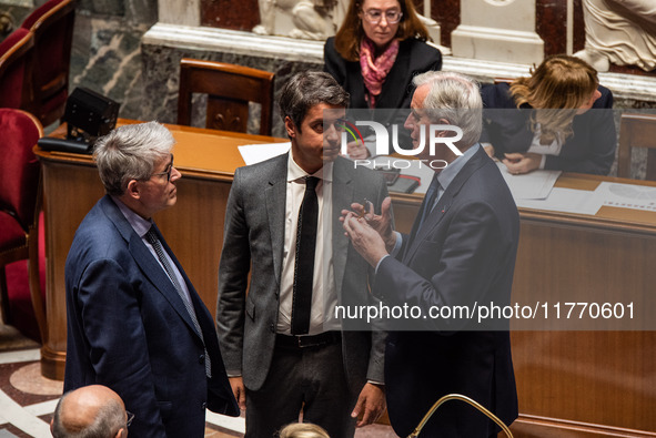 Prime Minister Michel Barnier and former Prime Minister Gabriel Attal are at the National Assembly in Paris, France, on November 12, 2024. 