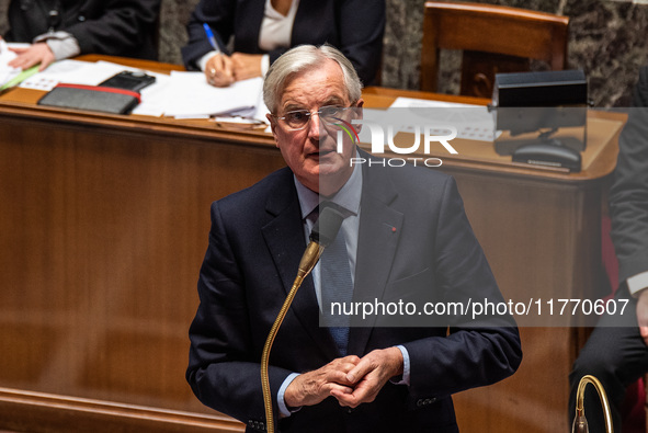 Prime Minister Michel Barnier attends the National Assembly during the parliamentary question session to the government in Paris, France, on...