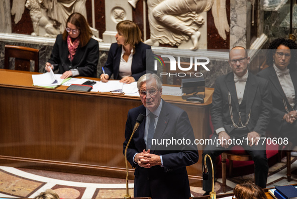 Prime Minister Michel Barnier attends the National Assembly during the parliamentary question session to the government in Paris, France, on...