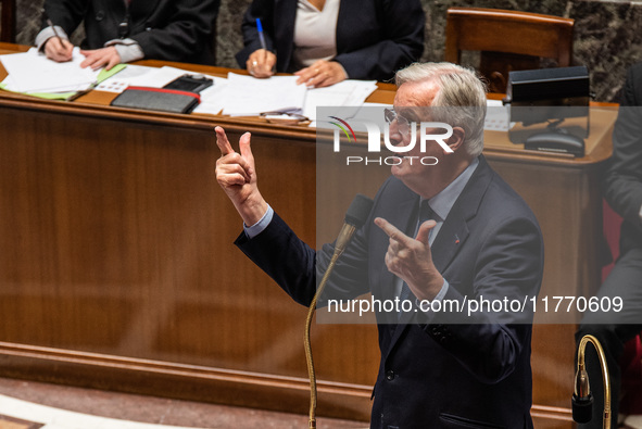 Prime Minister Michel Barnier attends the National Assembly during the parliamentary question session to the government in Paris, France, on...