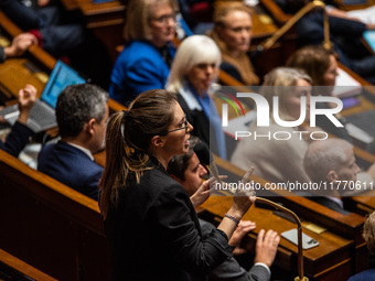 Aurore Berge, former Minister and deputy of Together for the Republic, is at the National Assembly in Paris, France, on November 12, 2024. (