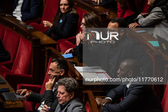 Sebastian Delolu, MP with La France Insoumise, is in Parliament during the question time to the government in Paris, France, on November 12,...