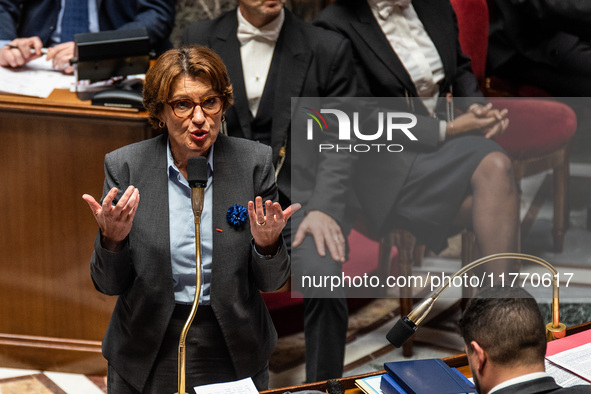 Annie Genevard, Minister of Agriculture, speaks during question time in the French Parliament in Paris, France, on November 12, 2024. 