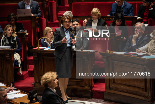 Annie Genevard, Minister of Agriculture, speaks during question time in the French Parliament in Paris, France, on November 12, 2024. 