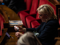 Rassemblement National leader Marine Le Pen refills her electronic cigarette between the benches of the Assemblee Nationale in Paris, France...