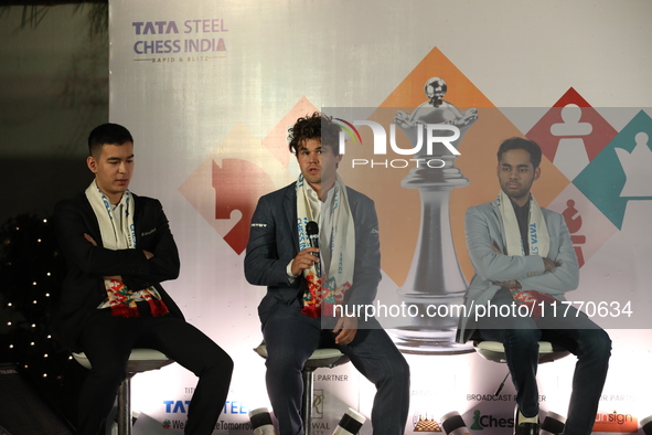 Norway's Magnus Carlsen speaks during the 6th Tata Steel Chess India Rapid & Blitz in Kolkata, India, on November 12, 2024. Sven Magnus Carl...