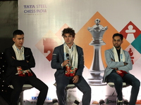 Norway's Magnus Carlsen speaks during the 6th Tata Steel Chess India Rapid & Blitz in Kolkata, India, on November 12, 2024. Sven Magnus Carl...