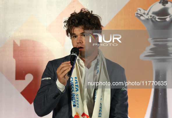 Norway's Magnus Carlsen speaks during the 6th Tata Steel Chess India Rapid & Blitz in Kolkata, India, on November 12, 2024. Sven Magnus Carl...