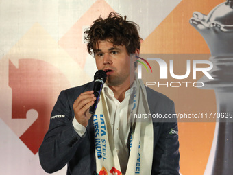 Norway's Magnus Carlsen speaks during the 6th Tata Steel Chess India Rapid & Blitz in Kolkata, India, on November 12, 2024. Sven Magnus Carl...