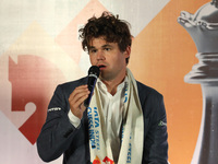 Norway's Magnus Carlsen speaks during the 6th Tata Steel Chess India Rapid & Blitz in Kolkata, India, on November 12, 2024. Sven Magnus Carl...