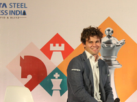 Norway's Magnus Carlsen smiles during the 6th Tata Steel Chess India Rapid & Blitz in Kolkata, India, on November 12, 2024. Sven Magnus Carl...