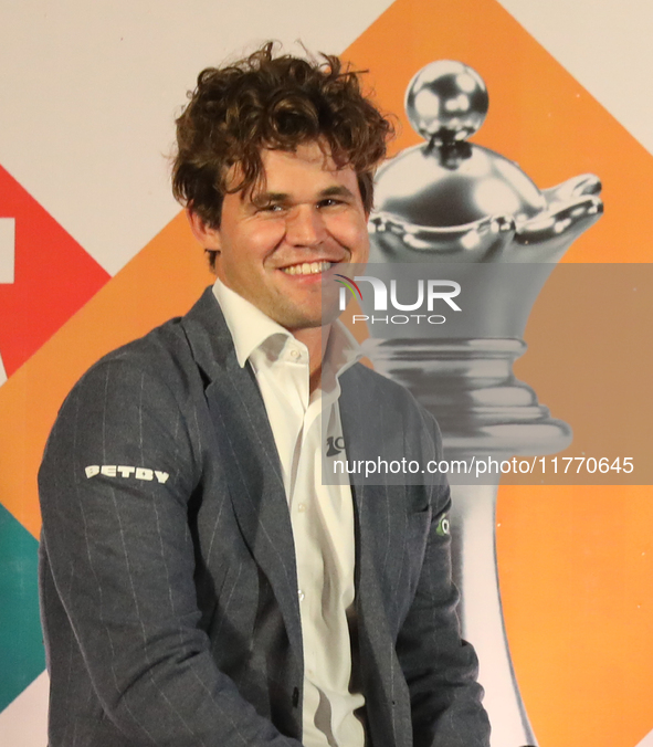 Norway's Magnus Carlsen smiles during the 6th Tata Steel Chess India Rapid & Blitz in Kolkata, India, on November 12, 2024. Sven Magnus Carl...