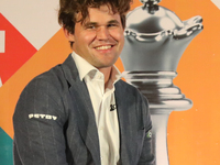 Norway's Magnus Carlsen smiles during the 6th Tata Steel Chess India Rapid & Blitz in Kolkata, India, on November 12, 2024. Sven Magnus Carl...