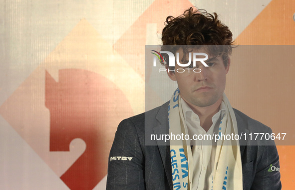 Norway's Magnus Carlsen looks on during the 6th Tata Steel Chess India Rapid & Blitz in Kolkata, India, on November 12, 2024. Sven Magnus Ca...