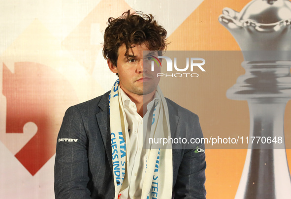 Norway's Magnus Carlsen looks on during the 6th Tata Steel Chess India Rapid & Blitz in Kolkata, India, on November 12, 2024. Sven Magnus Ca...