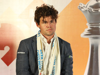 Norway's Magnus Carlsen looks on during the 6th Tata Steel Chess India Rapid & Blitz in Kolkata, India, on November 12, 2024. Sven Magnus Ca...