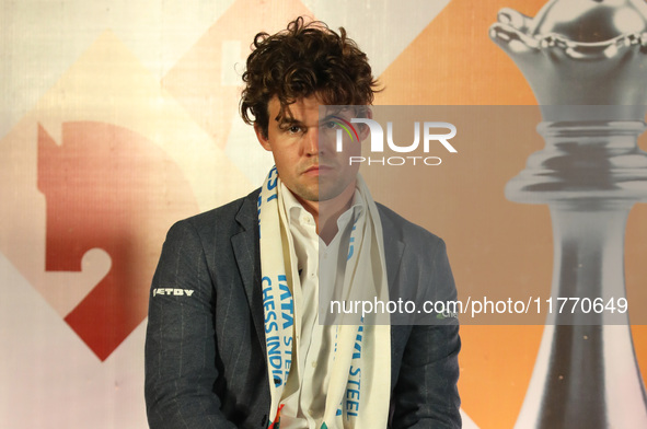 Norway's Magnus Carlsen looks on during the 6th Tata Steel Chess India Rapid & Blitz in Kolkata, India, on November 12, 2024. Sven Magnus Ca...