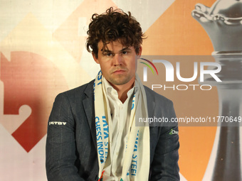 Norway's Magnus Carlsen looks on during the 6th Tata Steel Chess India Rapid & Blitz in Kolkata, India, on November 12, 2024. Sven Magnus Ca...