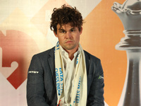 Norway's Magnus Carlsen looks on during the 6th Tata Steel Chess India Rapid & Blitz in Kolkata, India, on November 12, 2024. Sven Magnus Ca...