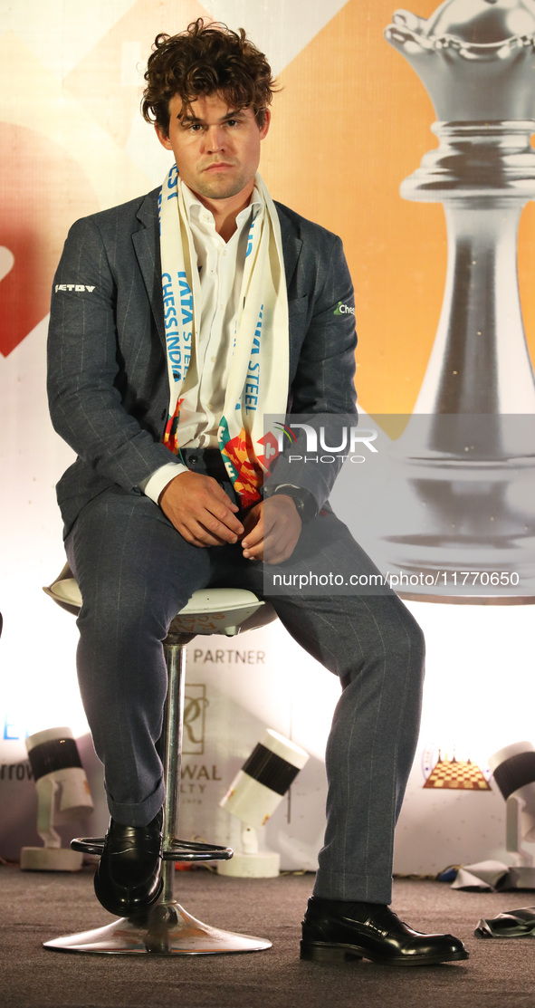 Norway's Magnus Carlsen looks on during the 6th Tata Steel Chess India Rapid & Blitz in Kolkata, India, on November 12, 2024. Sven Magnus Ca...