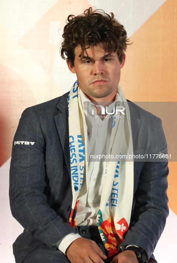 Norway's Magnus Carlsen looks on during the 6th Tata Steel Chess India Rapid & Blitz in Kolkata, India, on November 12, 2024. Sven Magnus Ca...