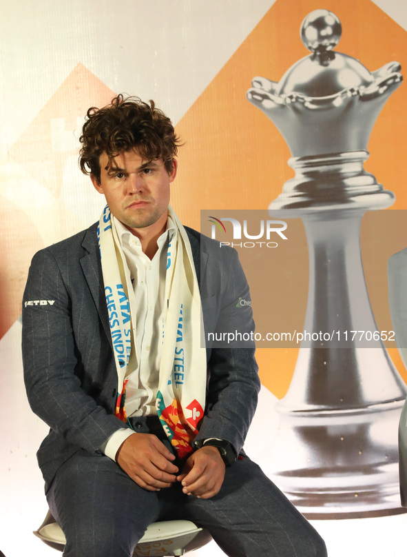 Norway's Magnus Carlsen looks on during the 6th Tata Steel Chess India Rapid & Blitz in Kolkata, India, on November 12, 2024. Sven Magnus Ca...